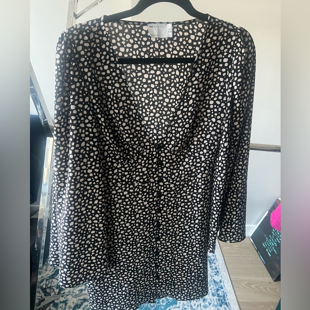 ASOS black and white polka dot button up mini dress with flared sleeve